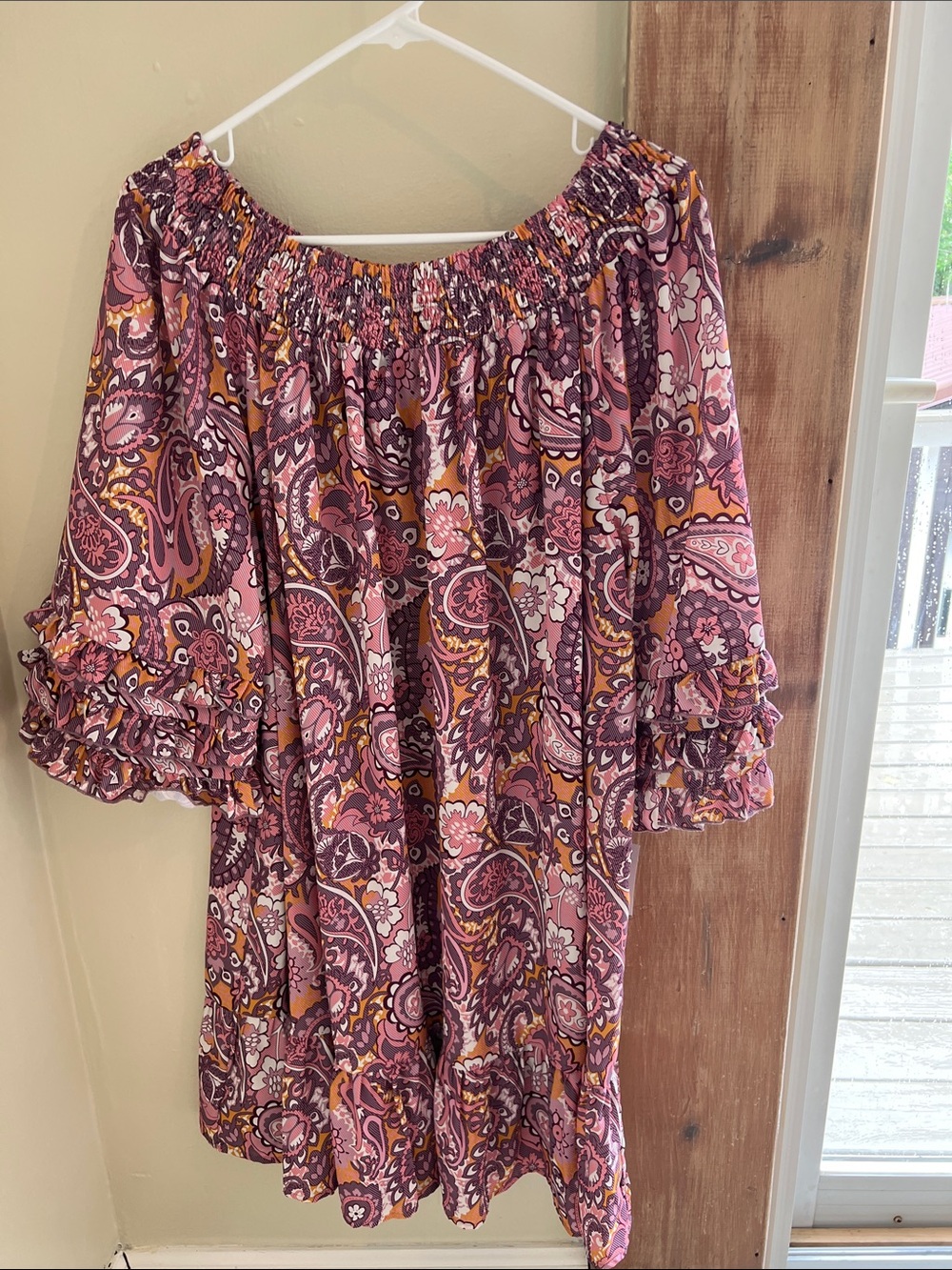 Boho Off-Shoulder Paisley Tunic Dress in Mauve, Purple & Orange